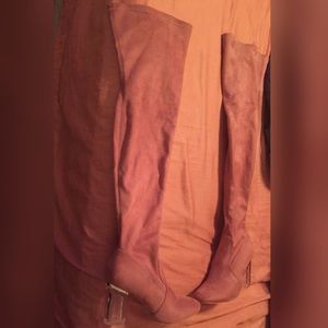 Pink Thigh High Clear Heel Boots